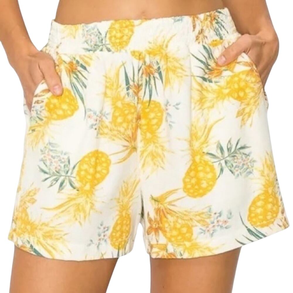 Linen Blend Casual Shorts L Smocked High Waist Novelty Pineapple Tropical Boho